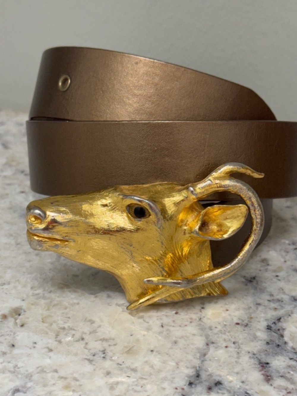Christopher Ross Deer Head Gold Plated Belt Buckle w/ Bronze Leather Belt 1976